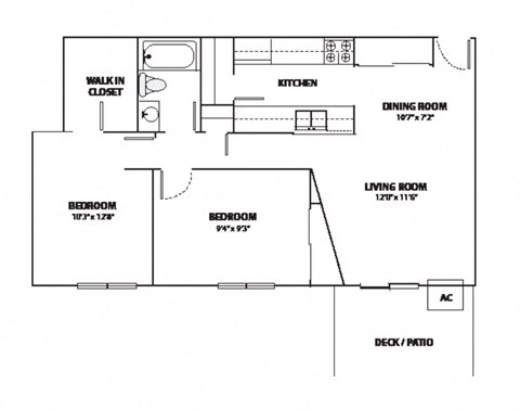 Floor plan for 2 beds, 1 bath, 913 sqft